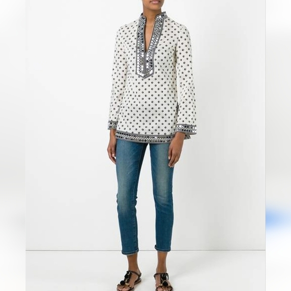 Tory Burch Ivory & Black Fish Print Tunic Top w/ Mirror Sequins - Picture 5 of 12